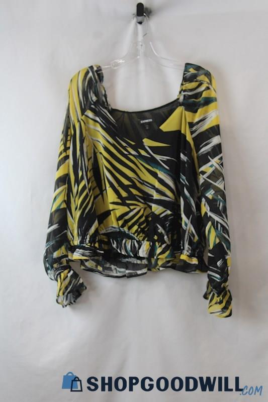 Express Women's Yellow/Black Patterned Long Sleeve Blouse sz XL