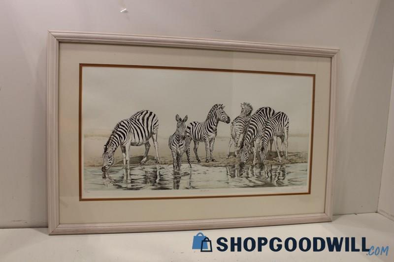 The Herd Framed Zebra Color Pencil Drawing Print Signed Mary Ann Lis 353/410 PU