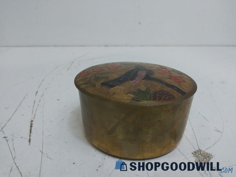 Commodore Solid Brass Collection Trinket Dish Box w/ Lid Bird and Flowers Design