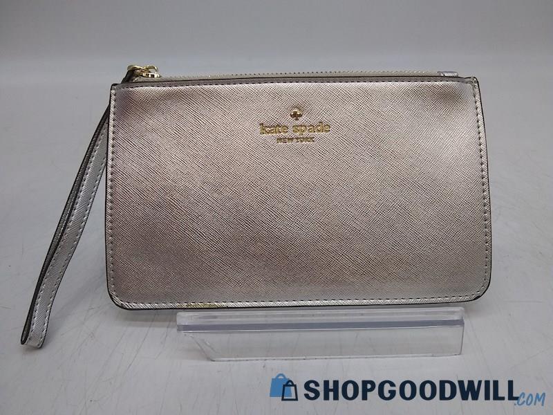 Kate Spade Metallic Silver Saffiano Leather Wristlet Pouch Handbag Purse