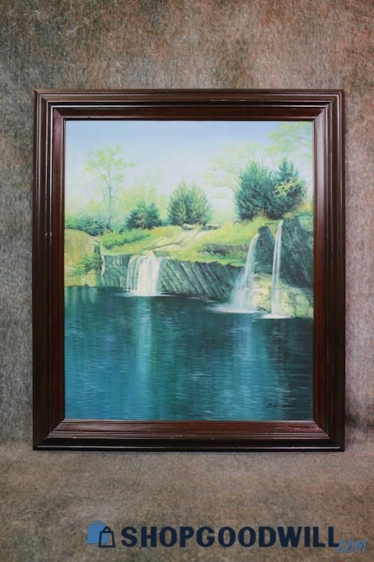 Small Spring Falls Framed Original Nature Painting Signed Bachmann Art Decor