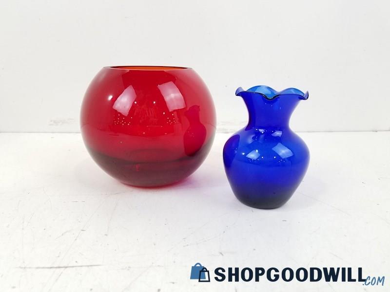 2Pc Vase Set W/ Ruby Red Glass Round Flower Bowl W/ Cobalt Blue Vase, Vintage
