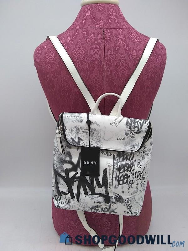 DKNY Tilly White/ Black Graffiti Print Faux Lather Backpack Handbag Purse