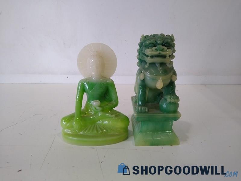 Appears To Be 2pc Buddha Statue & Green Guardian Lion Mythical Foo-Dog