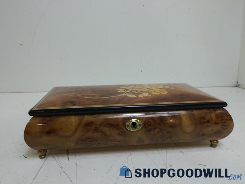 Jewelry Music Box  With Key Floral Design Glazed Wooden Footed Storage Safety
