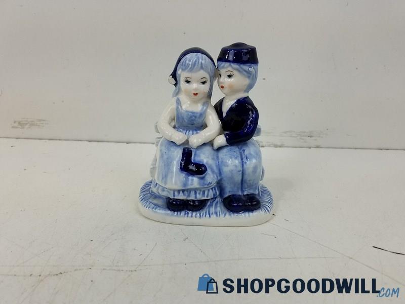 Delft Blue Young Couple On Bench Porcelain Figurine, Vintage Home Decor