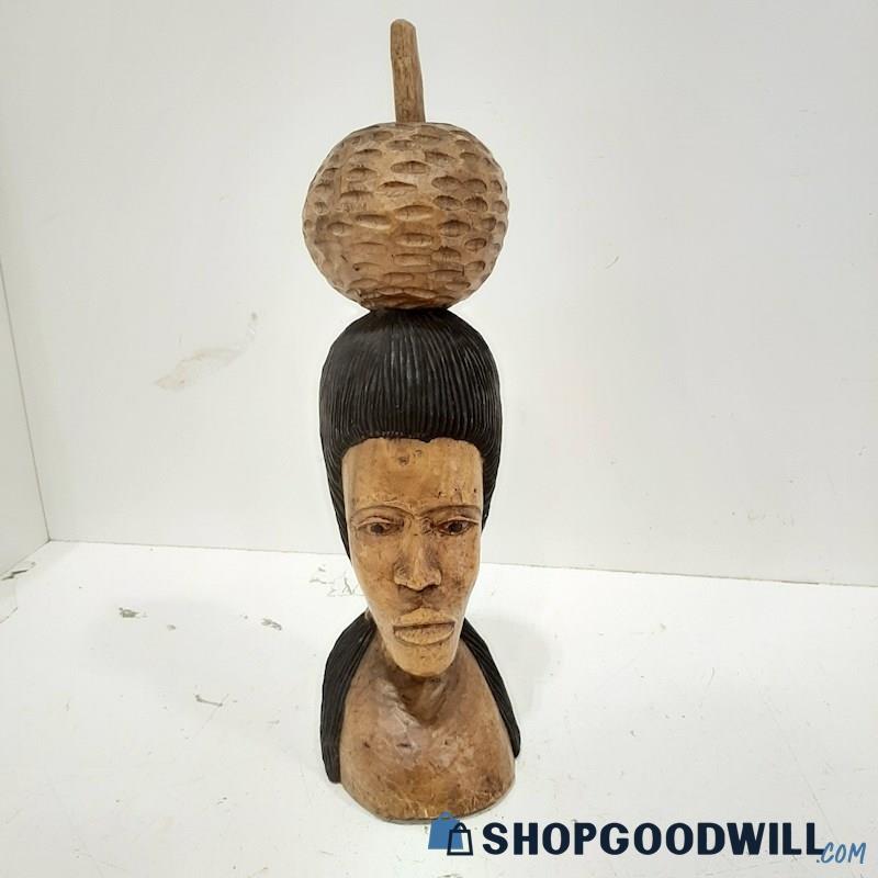 Unbranded Wooden Face Figurine W/ Apple On Head 