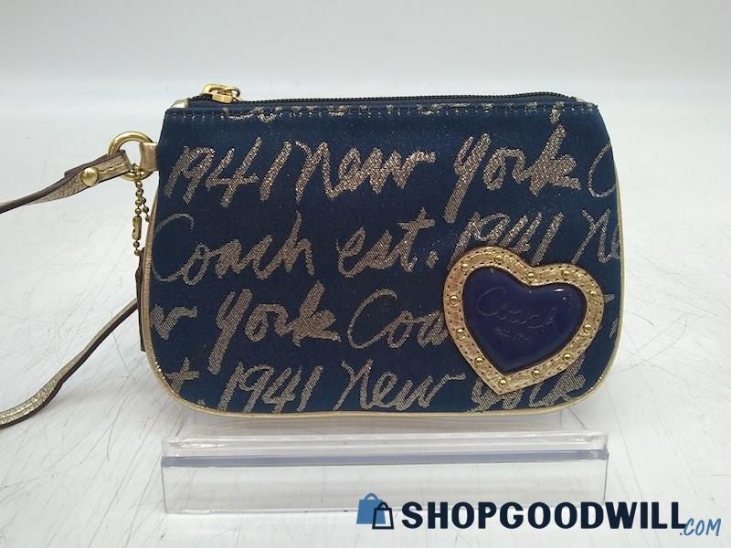 Coach New York Script Blue/ Gold Canvas Wristlet Pouch Handbag Purse