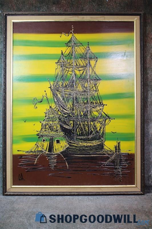 Yellow-Green Striped Ship Framed Painting on Board Facsimile Signed CA Art PUO
