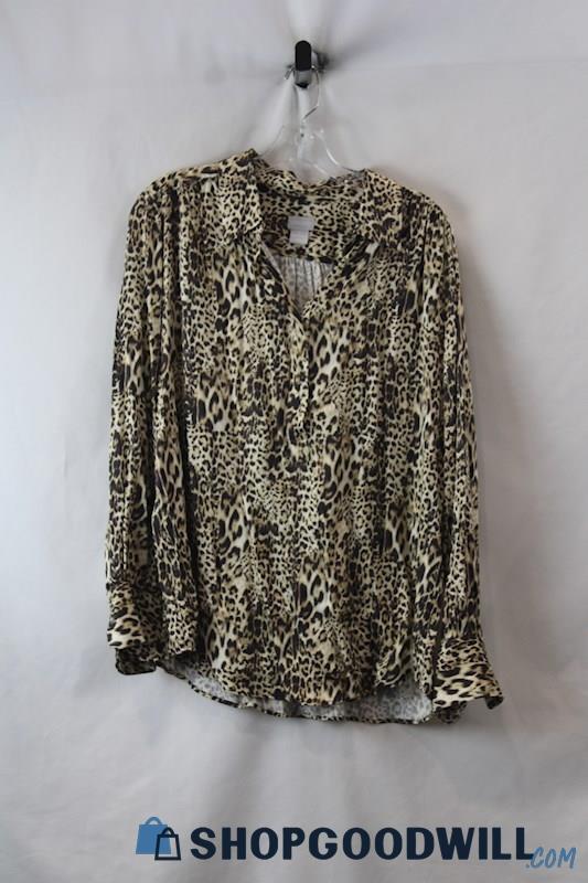 Chico's Women's Brown Animal Pattern 1/2 Button Henley Blouse sz XL/16