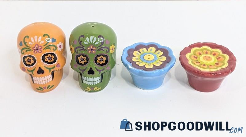 Set of 2 Day of the Dead Sugar Skull + Flower Collectible Salt Pepper Shakers