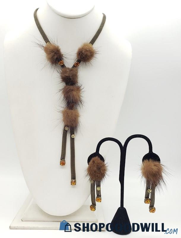 Unique Vintage Fur / Rhinestone Necklace & Earring Set