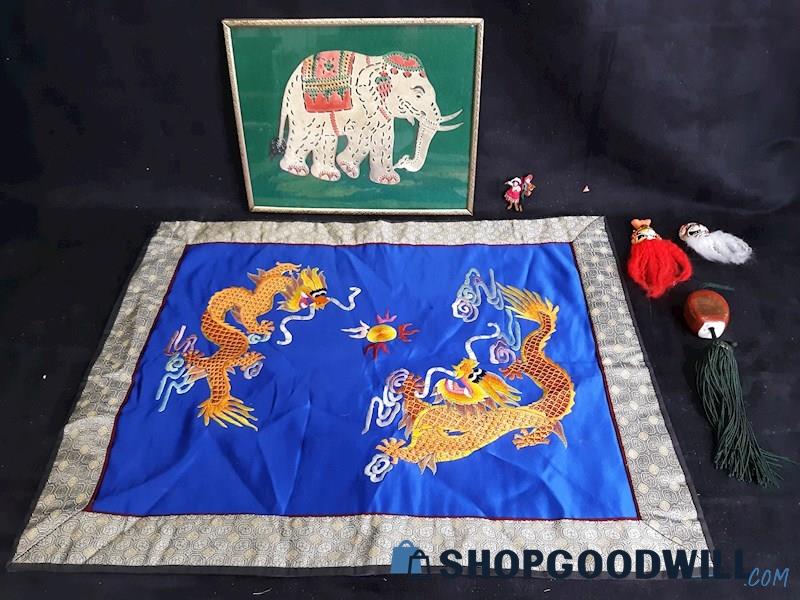 Traditional Asian Art Lot Embroidery, Mosaic Elephant, Miniature Porcelain Dolls