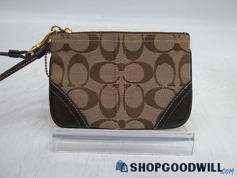 Coach Brown Leather/ Beige Signature Jacquard Canvas Wristlet Handbag Purse 