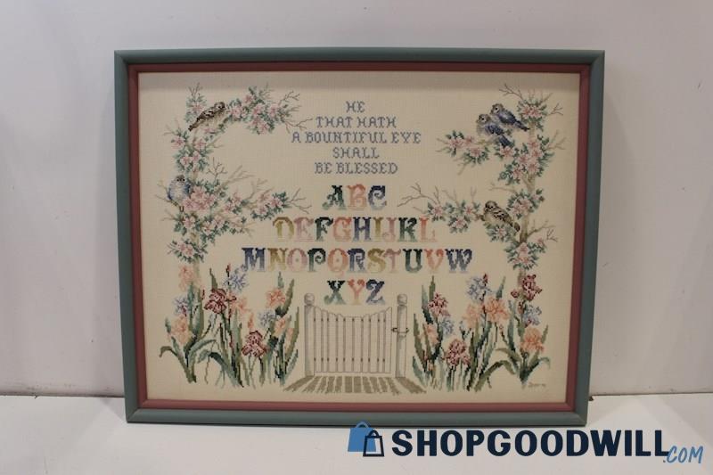 Jeep Signed 1991 Framed Completed Crewel Embroidery Bountiful Blessing Sampler
