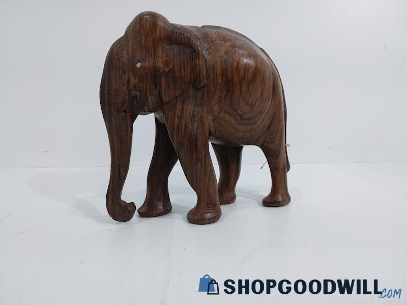 VTG Hand Carved Wooden Elephant Sculpture Art Small Figurine Walking Trunk Down 