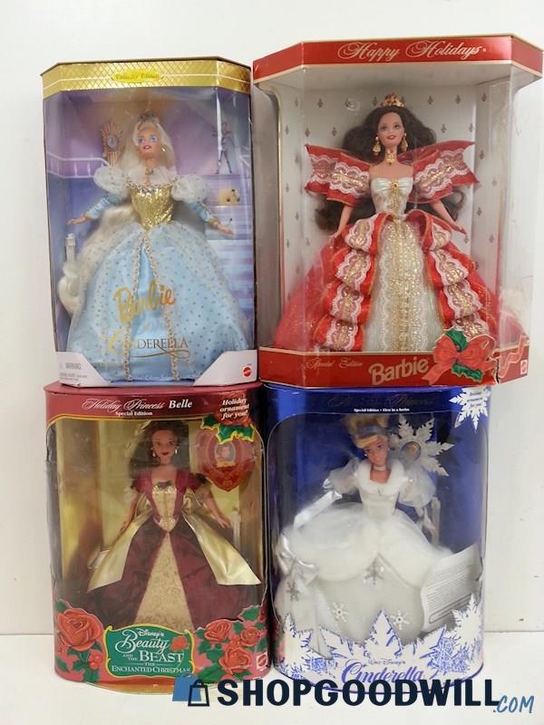 4 Barbie Dolls Cinderella(2)Blue&White Dress/Belle Beauty-Beast/Holiday1997 IOP