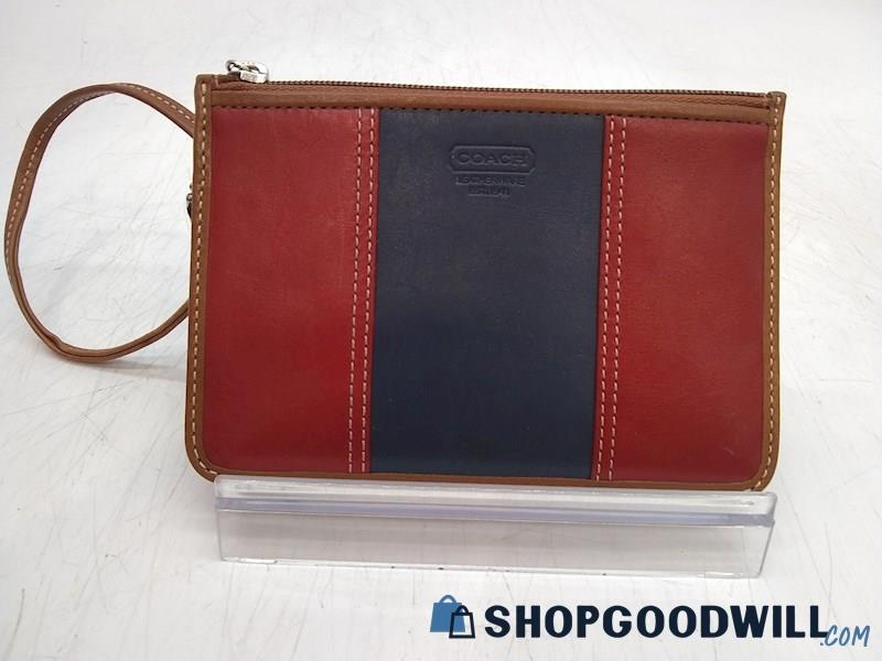 Coach Red/ Blue/ Brown Leather Wristlet Pouch Handbag Purse 