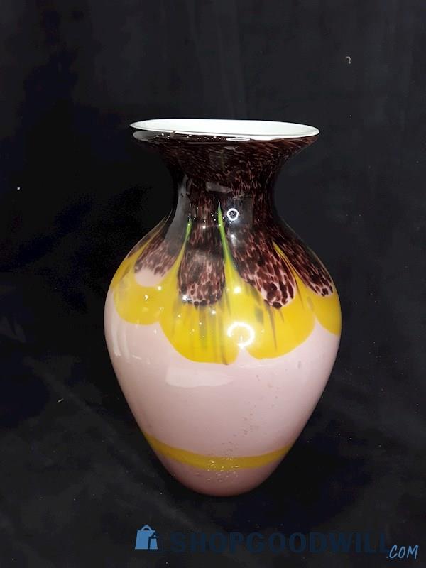 Tall Murano Art Glass Vase, Multicolor Spackled Citrus Design, 14 In. 