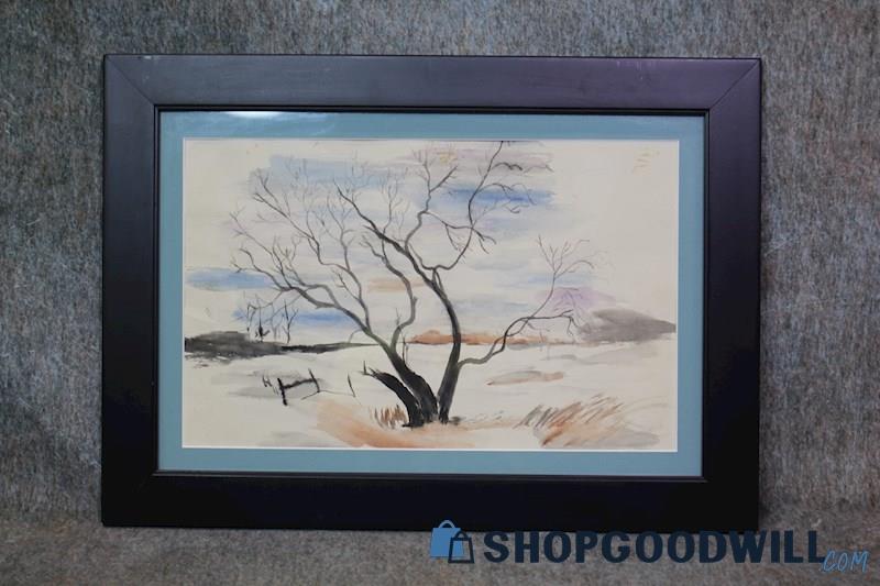 Old Tree in Nature Landscape Framed Original Watercolor Painting Unsigned Art