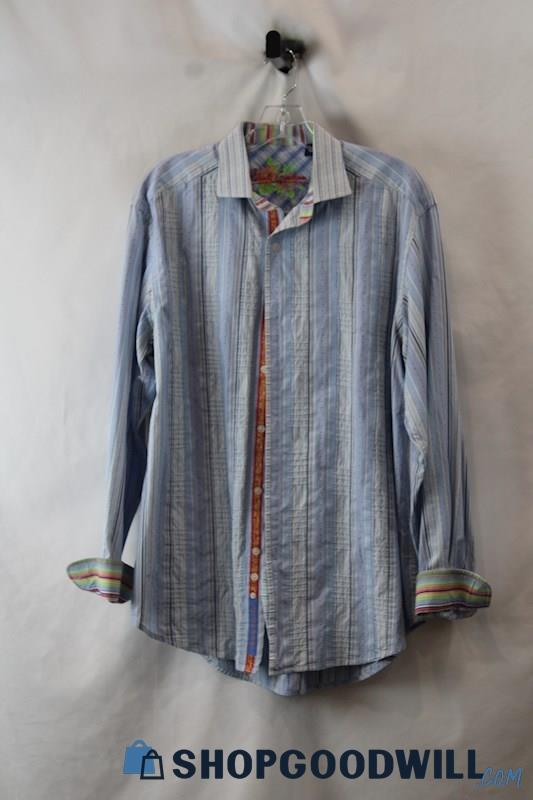 Robert Graham Men's Blue Striped Long Sleeve Button-Up Shirt Sz L