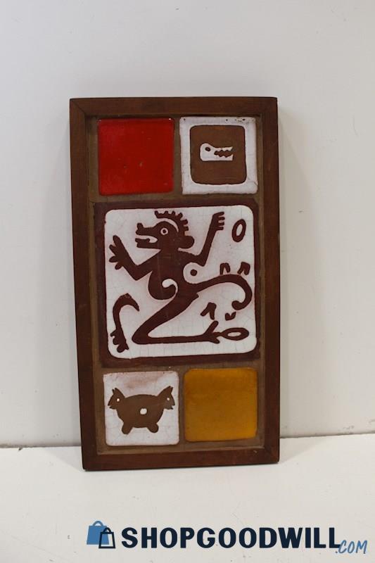 Wood Framed Mosaic Painted Petroglyph Tile Wall Hanging Art; Appears Clay Tiles