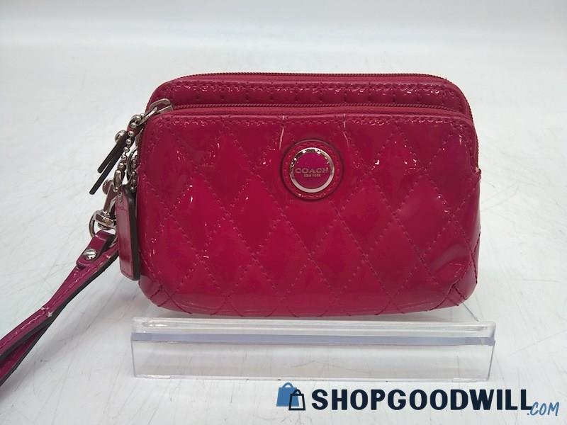Coach Hot Pink Quilted Patent Leather Wristlet Wallet Handbag Purse 