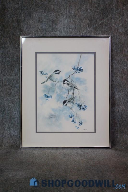 Chickadees on Blueberry Tree Branch Framed Print 29/1000 Signed Jean Haefele Art