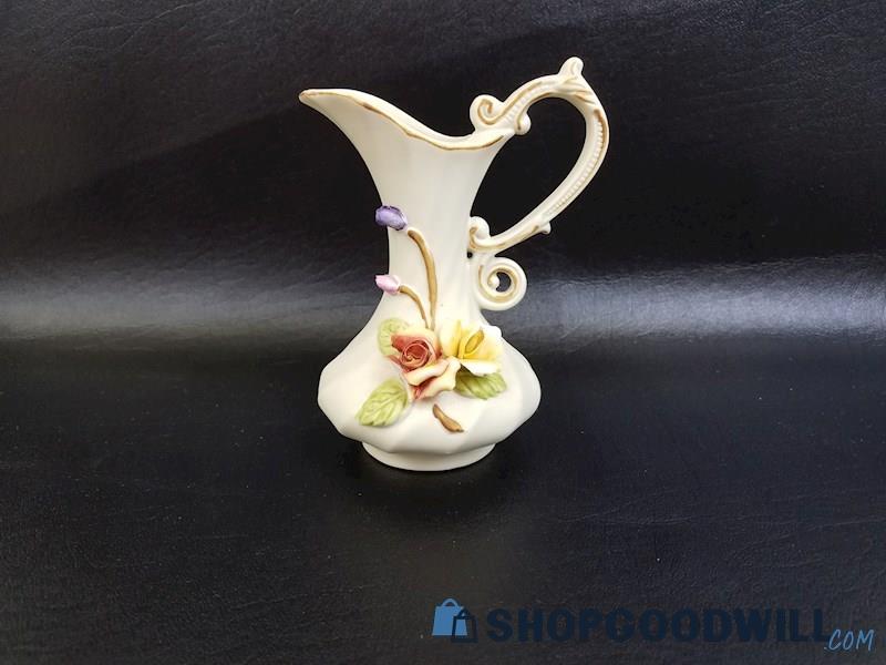Bisque Porcelain Vase Pitcher With Raised Roses Vintage 5