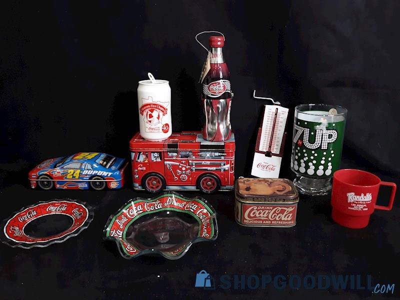 Coca Cola Memorabilia Lot, Tin Car Truck, Ruffle Trinket Bowls, Lunchboxes, Etc.