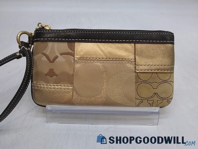 Coach Gold Leather/ Brown Signature Jacquard Canvas Wristlet Handbag Purse 