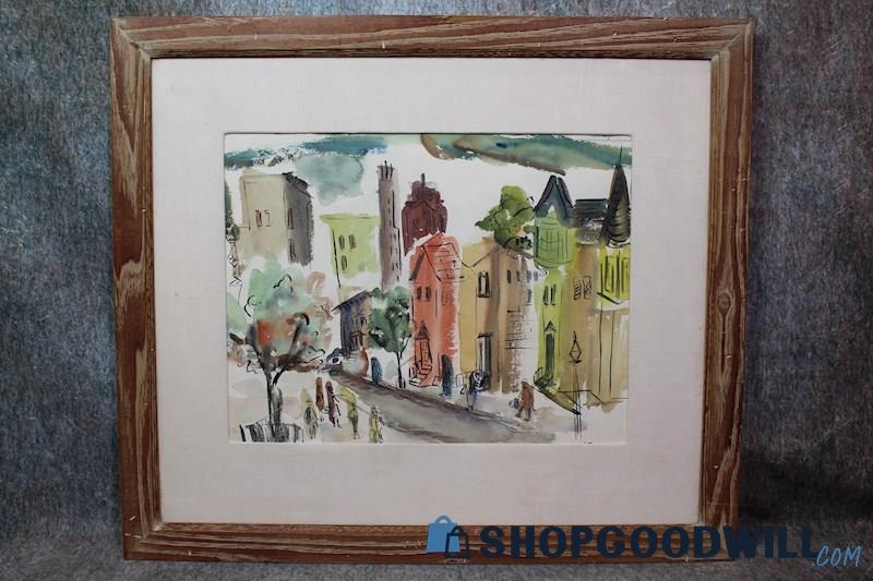 People Walking in the Street Framed Original Watercolor Painting Unsigned Art