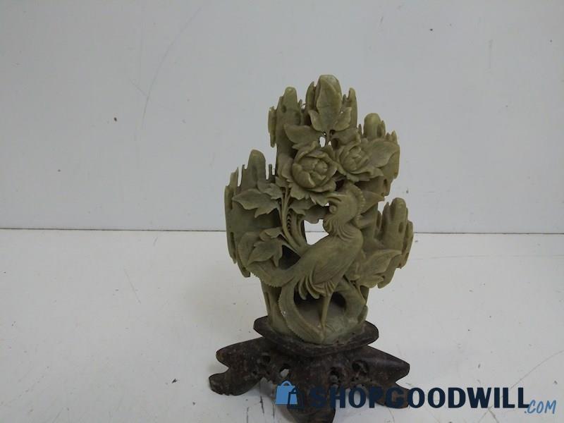 Hand Carved Chinese Asian Soapstone Sculpture Peacock Bird Flowers Wall Hanging