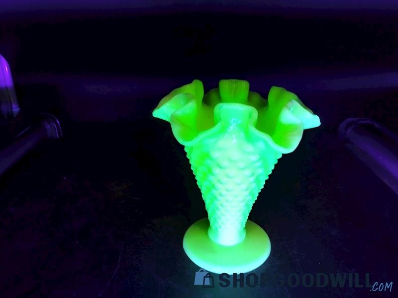 Uranium Glow Fenton Hobnail Vase Milk Glass with Ruffles Edges  Home Decor