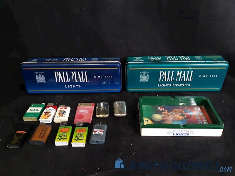Vintage Collectible Cigarettes Lighter Lot , Tin Metal Case, Camel Crush Tray, 