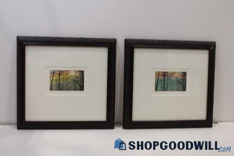 Pair Framed Colored Etching Art Prints 'Forrest Ridge'&'Stand' Signed by Artist 