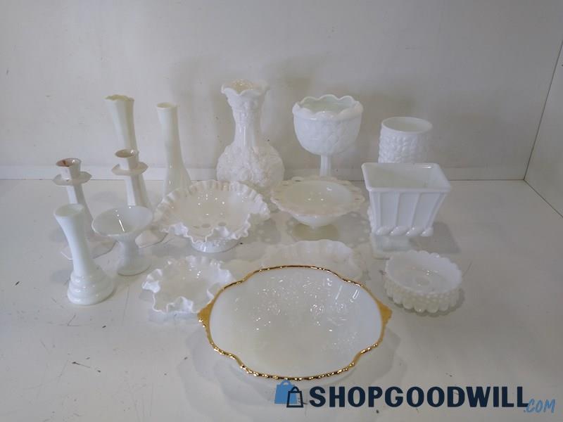 16pc Tall Vases & Candle Holders W/ Big/Small Textured Bowls W/ Abstract Design