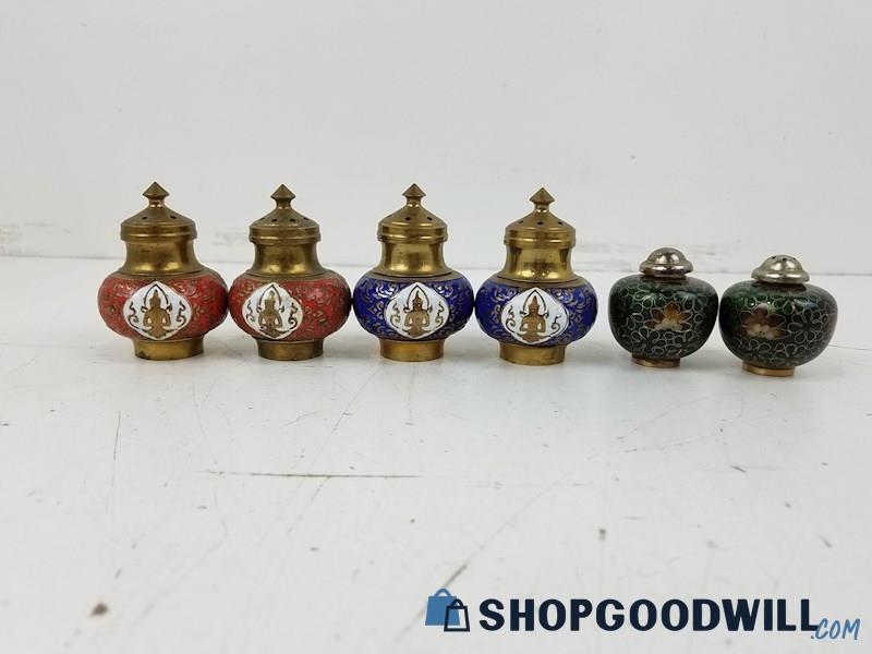 6 Brass Enamel Salt And Pepper Shakers, Hand Painted Vintage Collectible