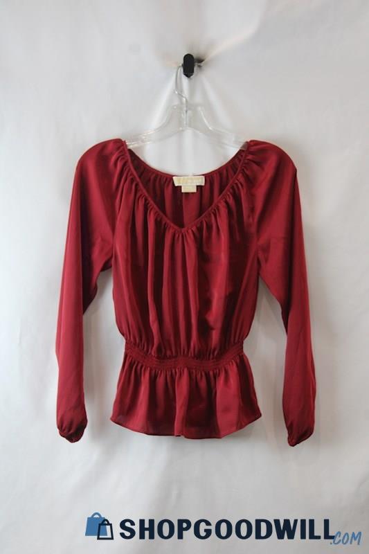 Michael Kors Women's Maroon Pleated V Neck Long Sleeve Peplum Top sz SP