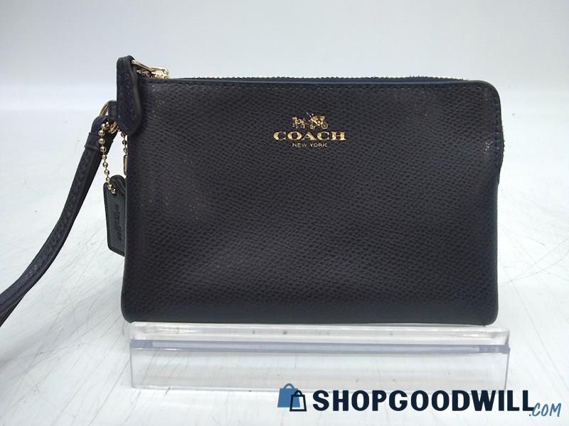 Coach Dark Blue Pebbled Leather Corner Zip Wristlet Handbag Purse 