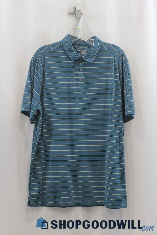 Tommy Bahama Mens Dark Teal Stripe Tech Polo Shirt Sz L