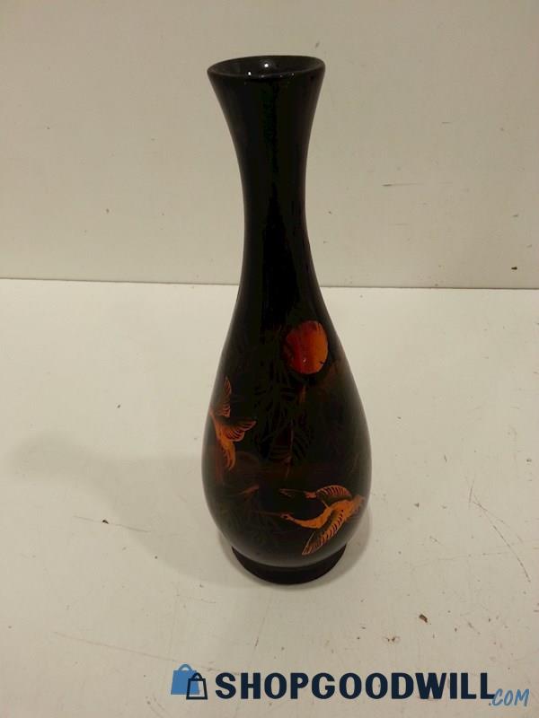 Vietnamese Black Lacquer Vase Orange Cranes 10