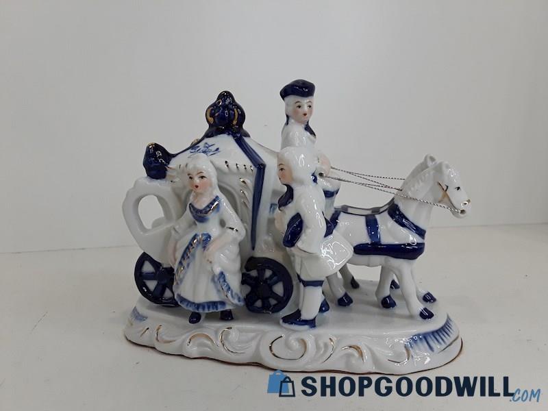 Porcelain Horse Carriage Blue & White Art Figurine 