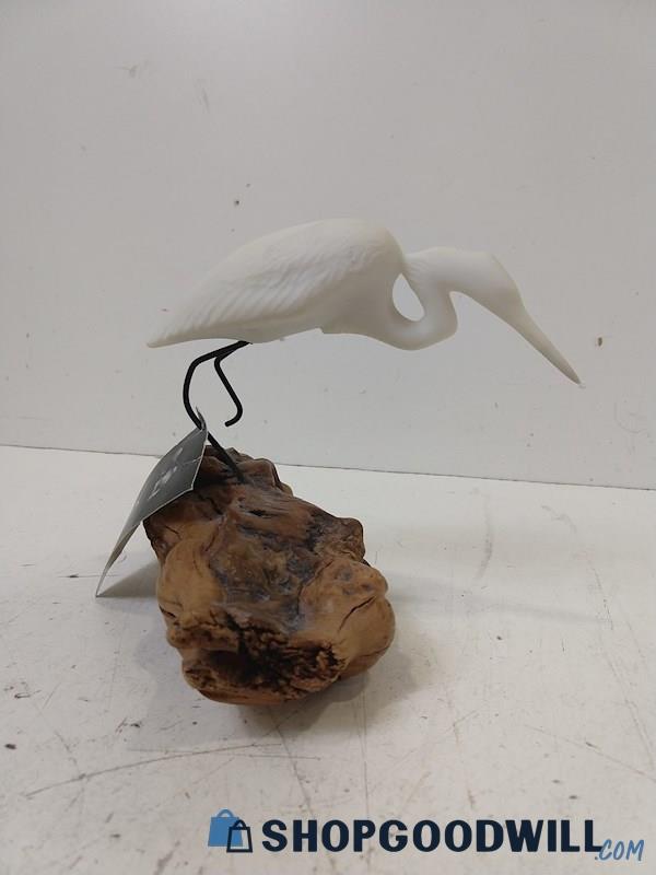 John Perry Pellucida White Crane Sculpture On Fake Log