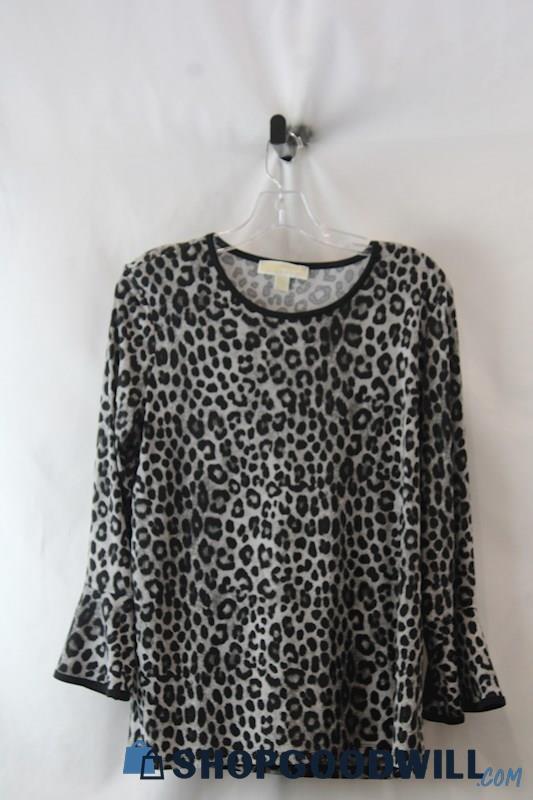 Michael Kors Women's Gray/Black Animal Pattern Bell Sleeve Sweater SZ L