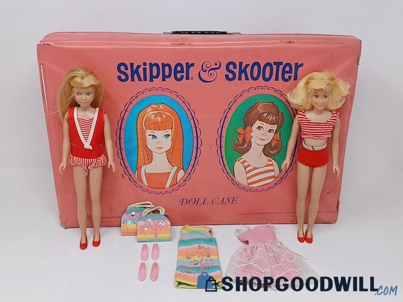 Vintage Skipper & Skooter Barbie Dolls, Case & Outfits Sunny Pastel/Pink Party