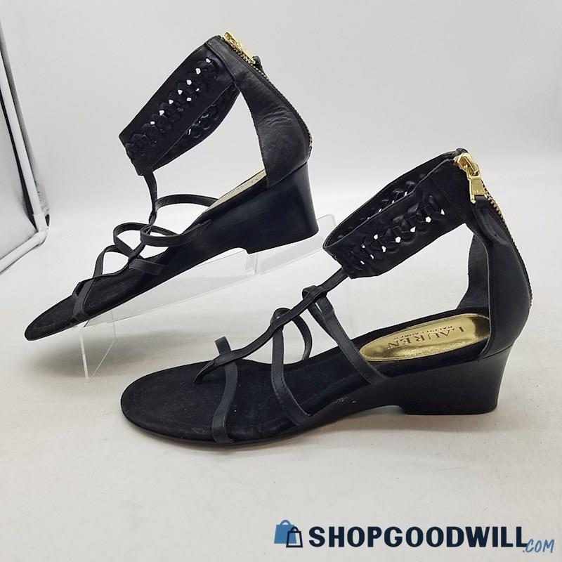 Ralph Lauren Women's Meira Black Leather Ankle Strap Gladiator Sandals Sz 10