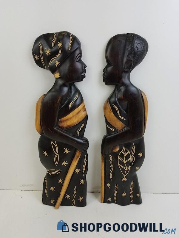 Two African Wood Carved Hand Painted Women Wall Plaques Sculptures Vintage