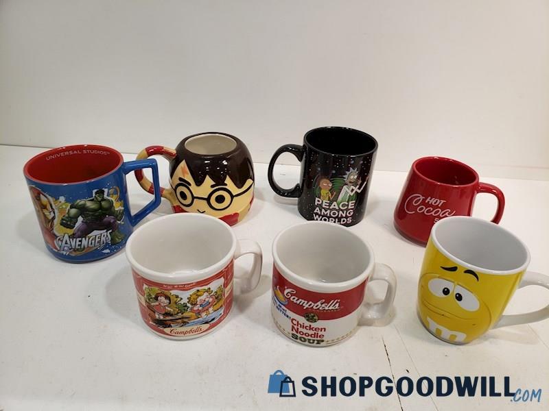 7pc Novelty  Coffee Cups/ Mugs, M&M's Avengers, Harry Potter, Rick & Morty +