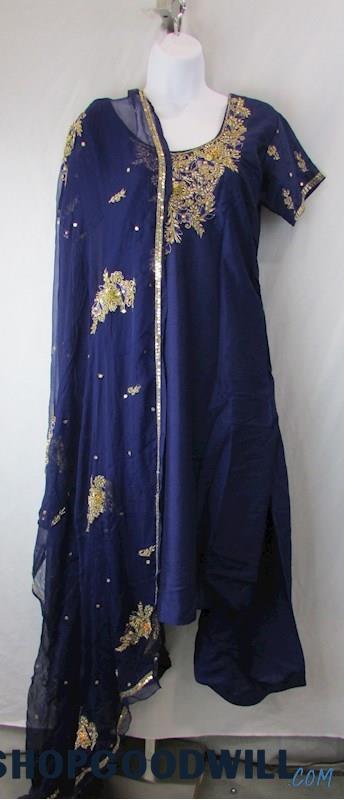 Women's Punjabi Patiala Navy/Gold Floral Embroidered 3 Pc Suit Custom Size